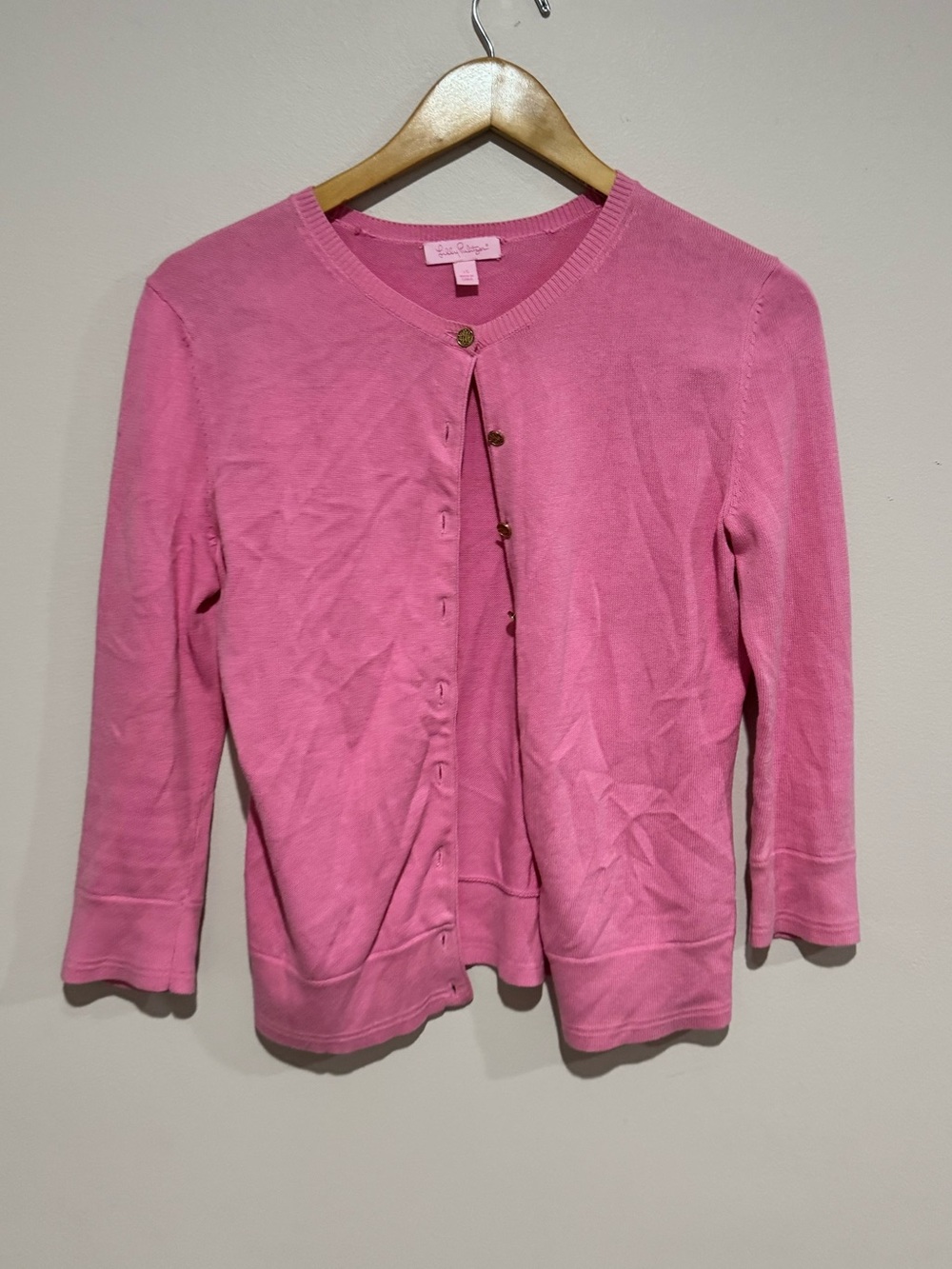 Lilly Pulitzer Pink 100% Cotton Knit Button Front Crew Neck Cardigan Sweater XS